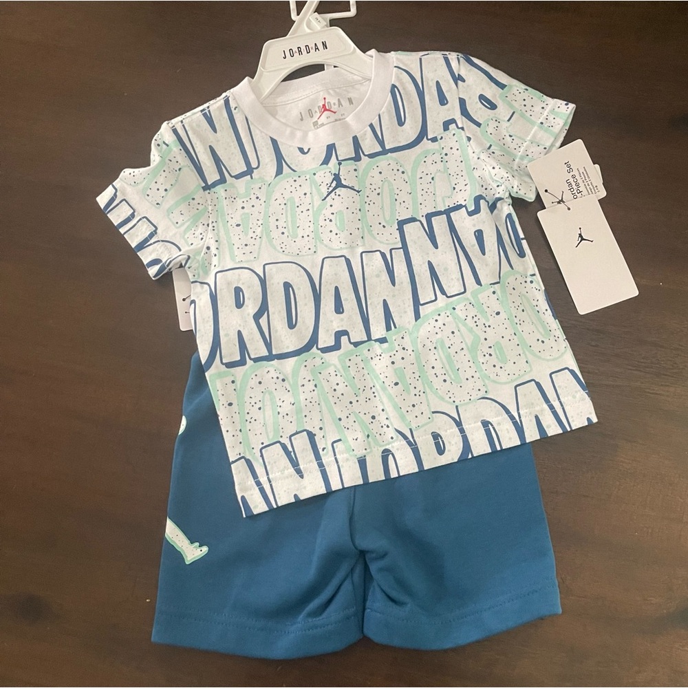 Jordan Kids 2-Piece Set Graphic T-Shirt and Shorts Blue White Mint‎ Green NEW